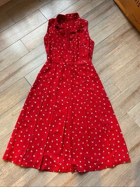 VTG Red Sleeveless Collared Midi Pleated Dress with Dot Print handmade